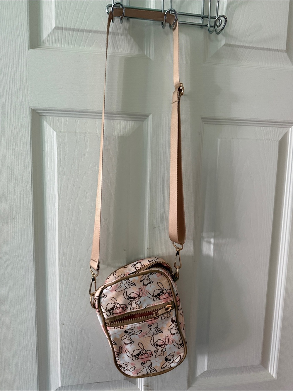 Beige Pink Cartoon Crossbody Bag with Adjustable Strap and Front Zip